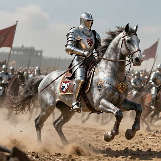 Photograph of a knight in silver armor riding a silver horse, charging through a dusty battlefield with other armored soldiers.