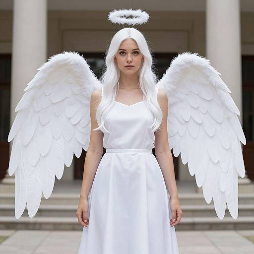 Digital artwork of a white-haired, pale-skinned angel with large white wings, halo, and white dress, standing in a classical building.