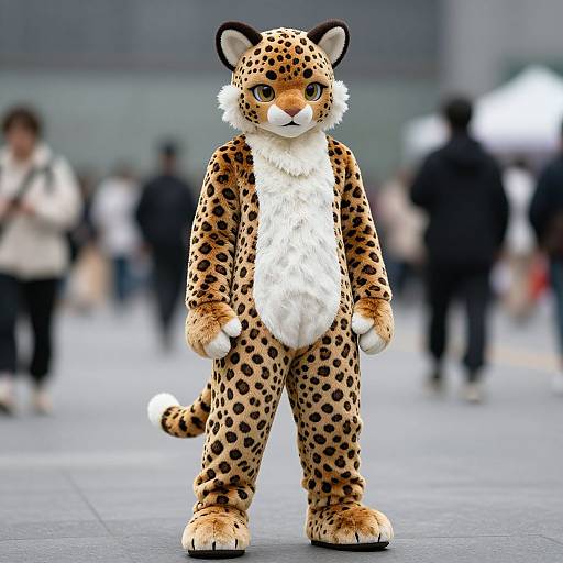 Photograph of a cheetah-themed furry costume character standing on a city sidewalk, surrounded by blurred pedestrians, wearing a full-body, spotted fur suit