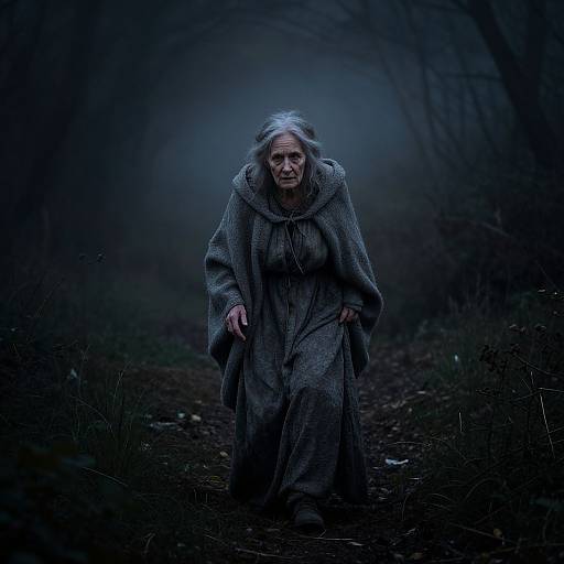 Photograph of an elderly woman with gray hair, wearing a tattered, hooded gray cloak, walking through a dark, misty forest at night