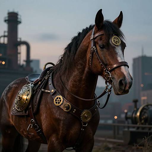 Steampunk Horse-Dog in Industrial Twilight