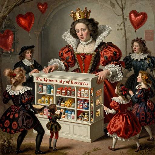 Digital painting of a regal woman in a red dress and crown, surrounded by six children in black and red attire, standing before a shop labeled 