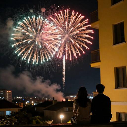 Night Fireworks Over Cityscape With Couple
