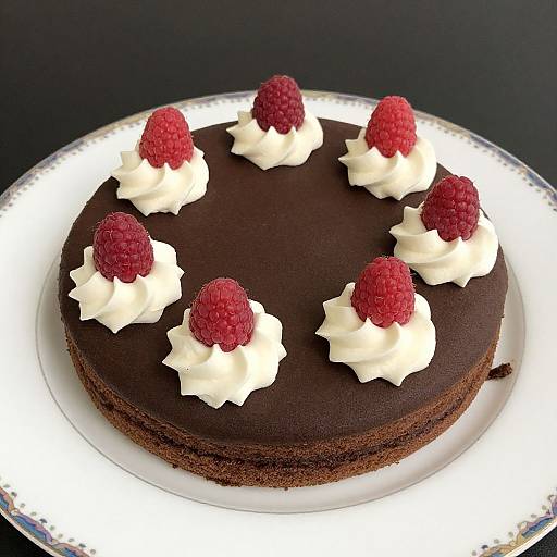 Photograph of a rich, dark chocolate cake topped with eight white whipped cream peaks, each adorned with a fresh raspberry.