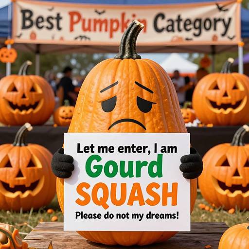 Photograph of a sad-faced pumpkin holding a sign reading 