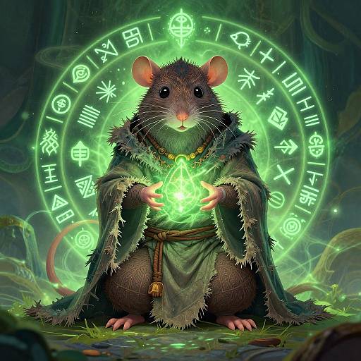 Digital art of a mystical mouse in a tattered cloak, holding a glowing green crystal, surrounded by magical runes and symbols.