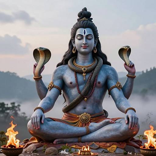 Photorealistic digital art of blue-skinned Hindu god Shiva, seated cross-legged, meditating with snakes in hair, surrounded by fire and mist