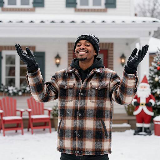 Cheerful Man in Snowy Holiday Scene