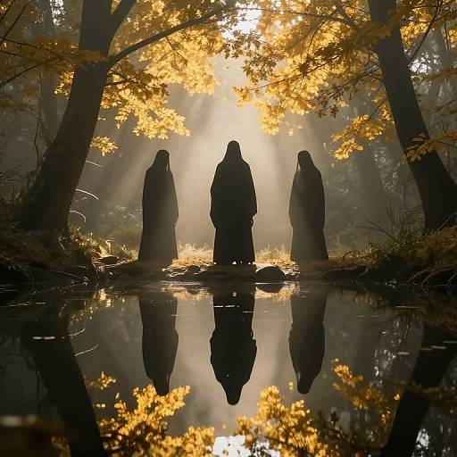 Photograph of three silhouetted figures in hooded winter clothes standing in a forest clearing, reflected in a calm pond, with golden sunlight streaming