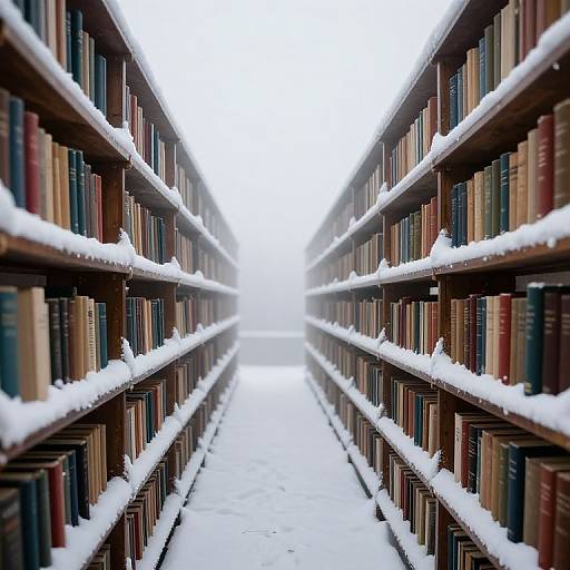Photograph of a snowy library aisle with two rows of snow-covered bookshelves stretching into a bright, white, snowy horizon.