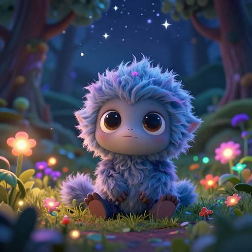 Adorable, fluffy, blue-grey, big-eyed creature sits in enchanted forest at night, surrounded by glowing mushrooms and twinkling stars. Digital art.