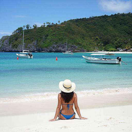 Photograph of a woman in a blue bikini and white hat, sitting on a white sandy beach, facing turquoise waters and green hilly island with several