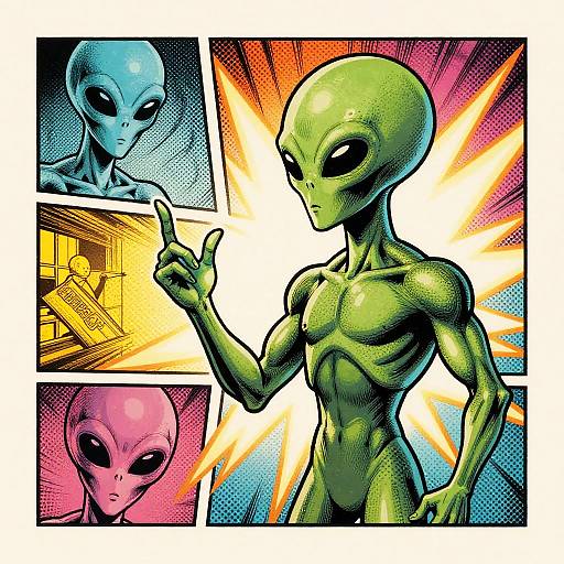 Comic-style digital drawing of a muscular green alien with large black eyes, standing and pointing, surrounded by three smaller alien headshots in blue, yellow,