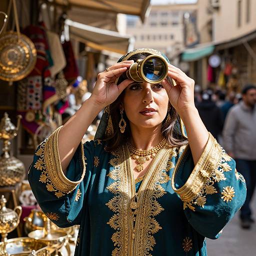 Photograph of a Middle Eastern woman in an ornate teal and gold embroidered dress, holding a camera to her eyes in a bustling marketplace with blurred background