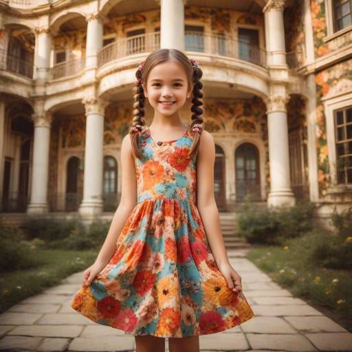 Cheerful Girl in Floral Dress with Vintage Architecture