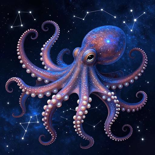 Digital illustration of a glowing, star-studded octopus with pink, blue, and purple hues, featuring pearl-like suckers against a cosmic night sky