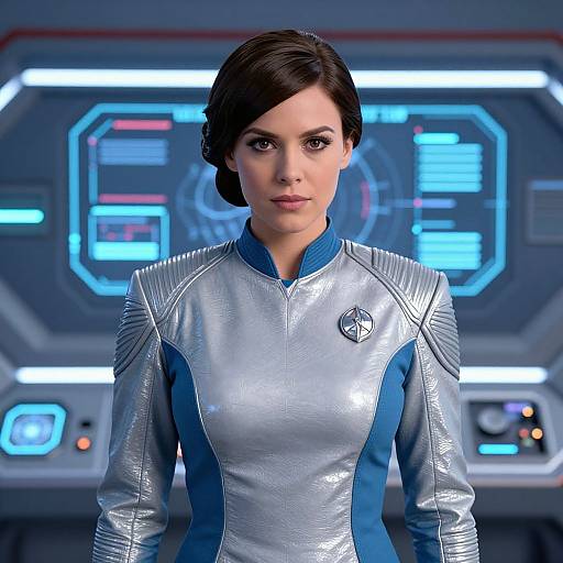 Photorealistic CGI of a serious, dark-haired woman in a silver and blue Starfleet uniform, standing in a futuristic control room with illuminated panels.