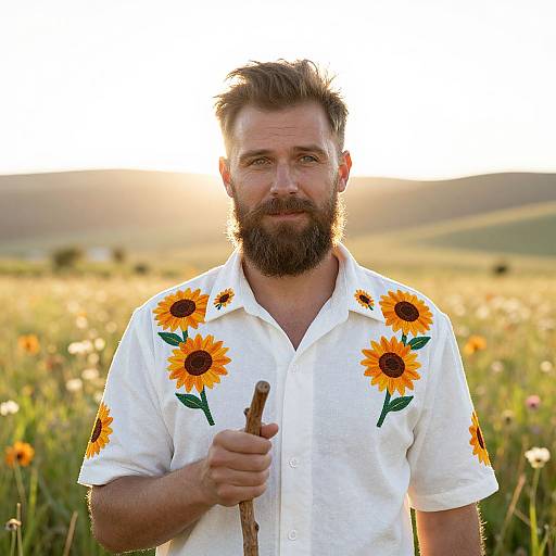 Man in Sunflower-Embroidered Shirt