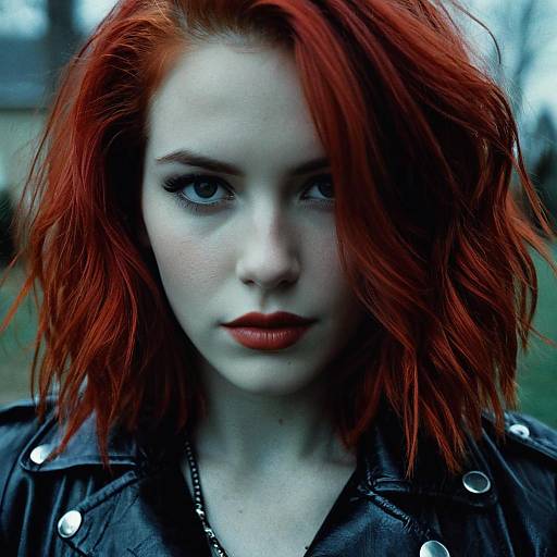 Close-up photograph of a pale-skinned, red-haired woman with intense blue eyes, wearing a black leather jacket with silver buttons, and red lipstick.