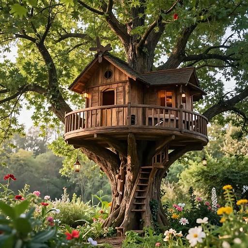 Photograph of a whimsical wooden treehouse with a circular balcony, nestled in a large tree, surrounded by vibrant flowers and lush greenery, bath