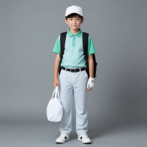Young Asian boy in green-striped polo, white pants, and cap, wearing golf glove and backpack, holding bag, standing on gray background.