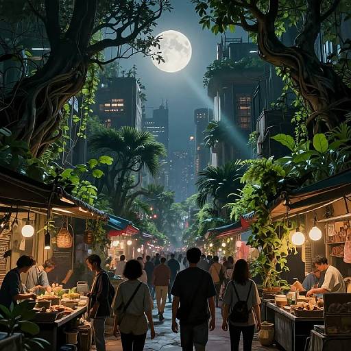 Nighttime street market under a full moon, surrounded by lush greenery, lit stalls, and people dining, in a futuristic city.