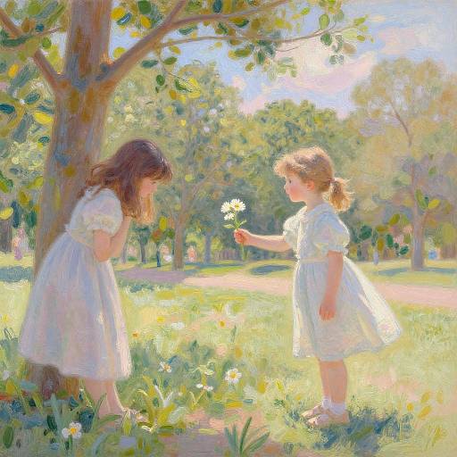 Two young girls in white dresses stand in a sunlit, leafy park; one girl offers a daisy to the other, surrounded by blooming