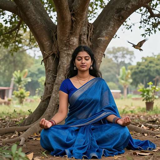 Indian Girl Meditating Under Banyan Tree