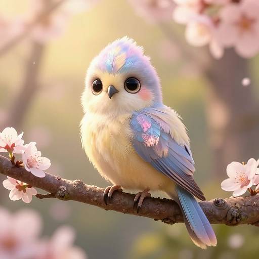 Cute, fluffy, blue-and-white bird with large black eyes perched on a branch with pink cherry blossoms, blurred background. Digital art.