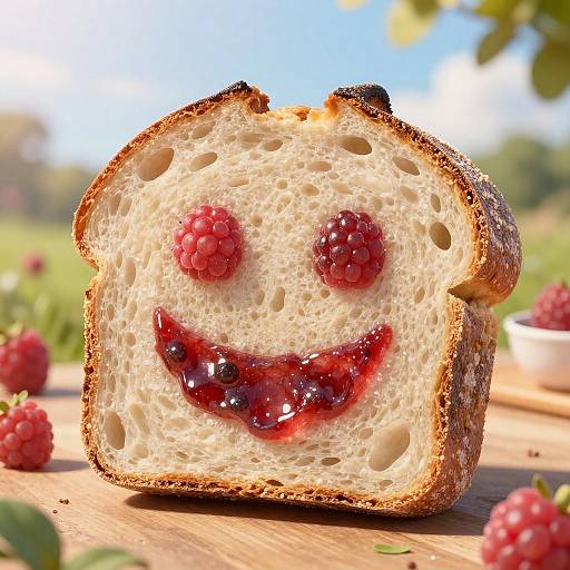Photograph of a slice of white bread with a raspberry smile and eyes, set outdoors on a sunny day with raspberries in the background.