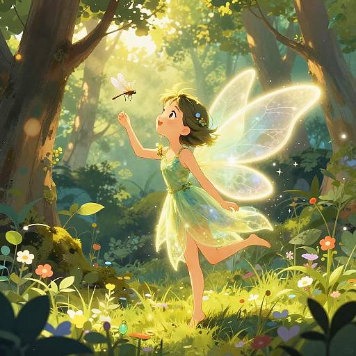 Digital anime-style drawing of a fairy girl with glowing wings, reaching for a butterfly in a sunlit forest clearing.