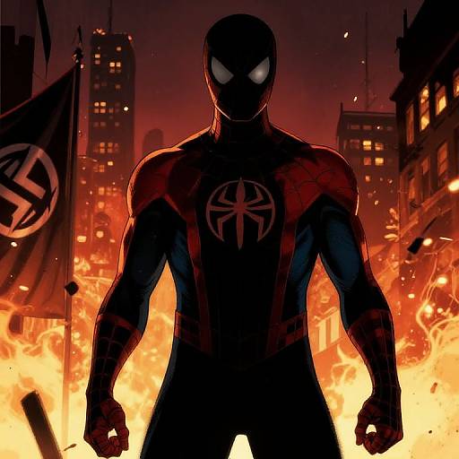 Digital artwork of Venomous Spider-Man standing in fiery cityscape, glowing white eyes, black suit with red accents, and spider emblem.