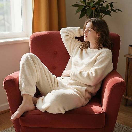 Photograph of a relaxed woman with long brown hair, wearing a white sweater and pants, lounging on a red armchair in sunlit room.