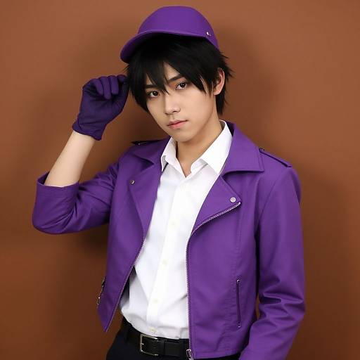 Young Asian man with black hair, purple jacket, white shirt, black gloves, and matching purple cap, poses against a brown background. Photorealistic