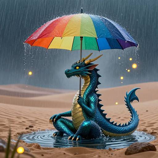 Digital illustration of a blue dragon with yellow underbelly, holding a colorful umbrella, sitting in a rain puddle on sandy terrain. Raindrops and