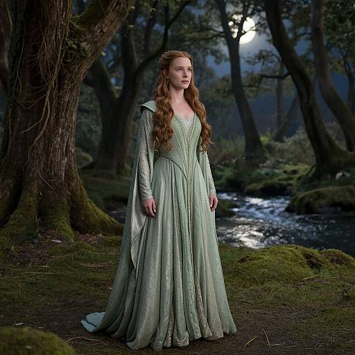 Photograph of a red-haired woman in a long, mint-green, medieval-style gown standing in a dark, moonlit forest beside a gentle stream.