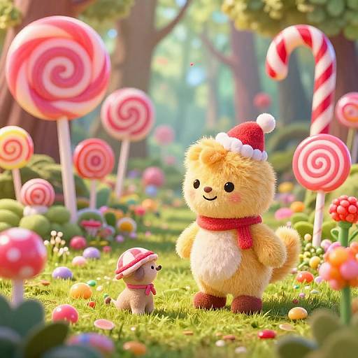Whimsical forest scene with fluffy yellow teddy bear in Santa hat and red scarf, standing next to tiny mouse in red-striped hat, surrounded by
