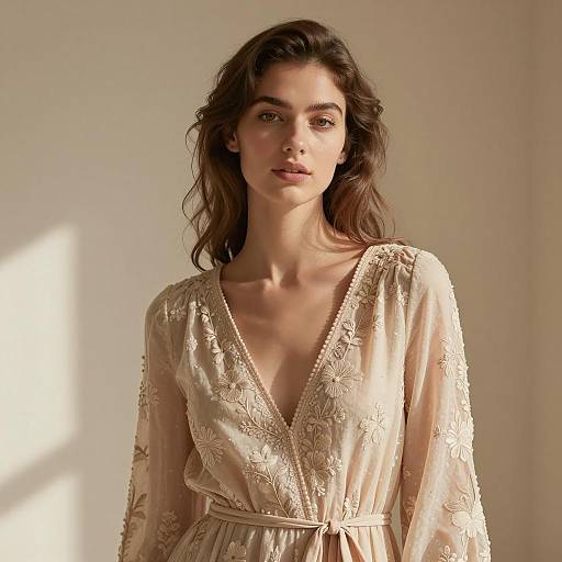 Young Woman in Beige Floral Embroidered Dress