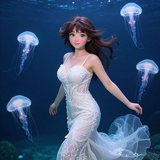Digital art: Beautiful woman with green eyes, long brown hair, wearing a white lace mermaid dress, floating underwater surrounded by glowing jellyfish.