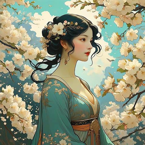 Art Nouveau Woman Amid Cherry Blossoms
