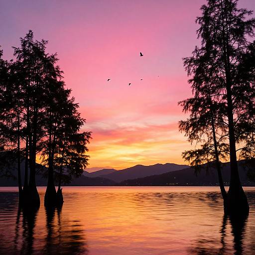 Photograph of a serene sunset over a calm lake with silhouetted trees, vibrant pink and orange sky, and distant mountains. Birds fly above