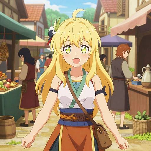 Anime-style digital drawing of a cheerful blonde girl with green eyes, wearing a white top, blue-green scarf, and brown apron, in a vibrant