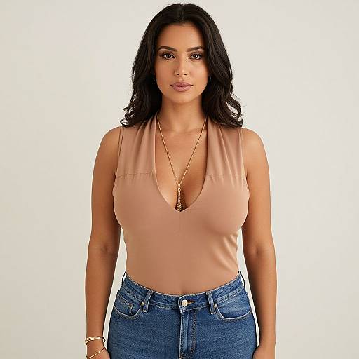 Photograph of a confident woman with medium brown skin, long black hair, wearing a beige sleeveless top with deep V-neck, gold necklace, and