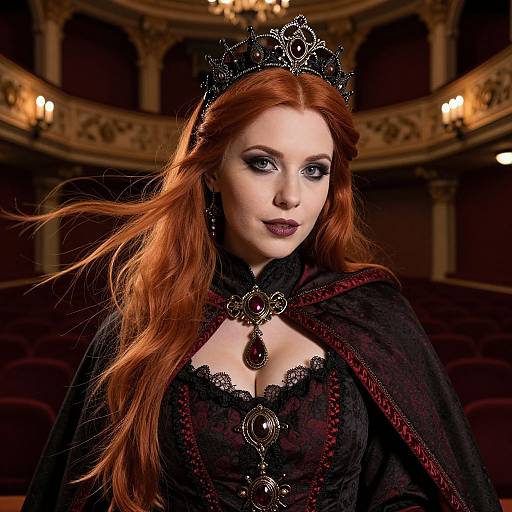 Photorealistic digital art of a pale-skinned, red-haired queen with black lace gown, ornate crown, and dark red cloak in opulent