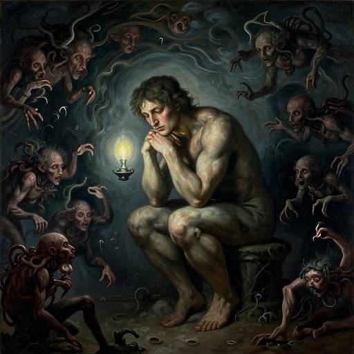 Digital painting: A muscular, nude man with curly hair, crouching, holds a lit candle amid dark, twisted, demonic creatures. Mysterious
