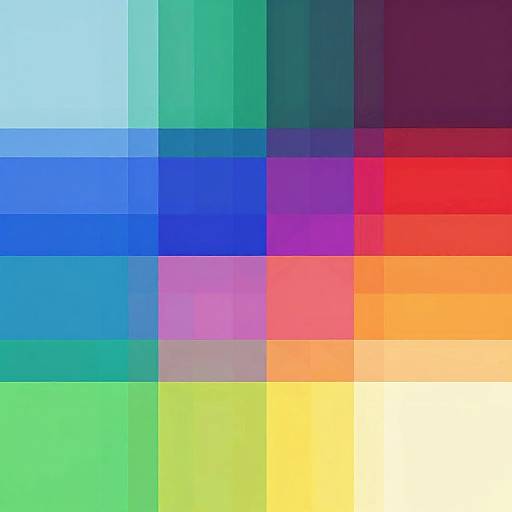 Abstract digital artwork featuring a colorful grid of overlapping squares in shades of blue, green, red, orange, purple, and yellow.