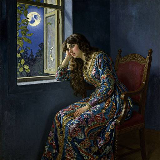 A melancholic woman with long brown hair in a colorful, patterned blue dress sits by a moonlit window, gazing thoughtfully. Dark,