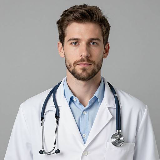 Photograph of a handsome, bearded male doctor with short brown hair, wearing a white lab coat and blue shirt, with a stethoscope around