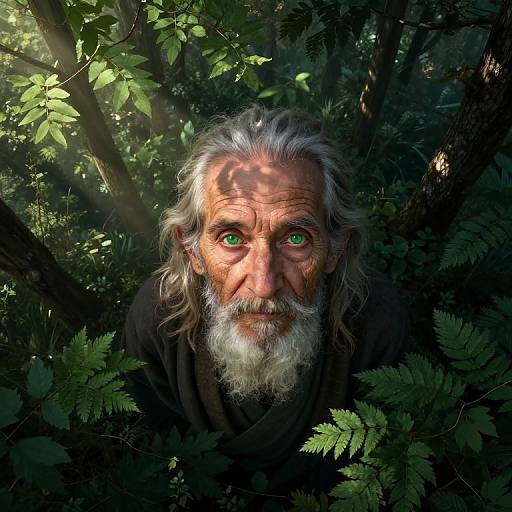 Photograph of an elderly man with white hair and beard, intense green eyes, and weathered face, surrounded by dense, sunlit forest foliage.