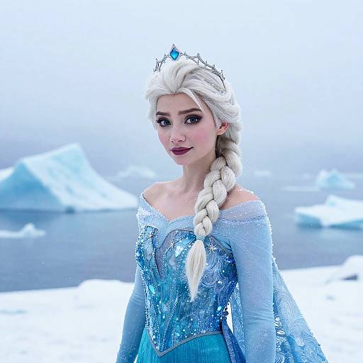 Photorealistic CGI of Elsa from Frozen, with silver hair in a braid, blue ice queen dress, tiara, standing in snowy landscape.